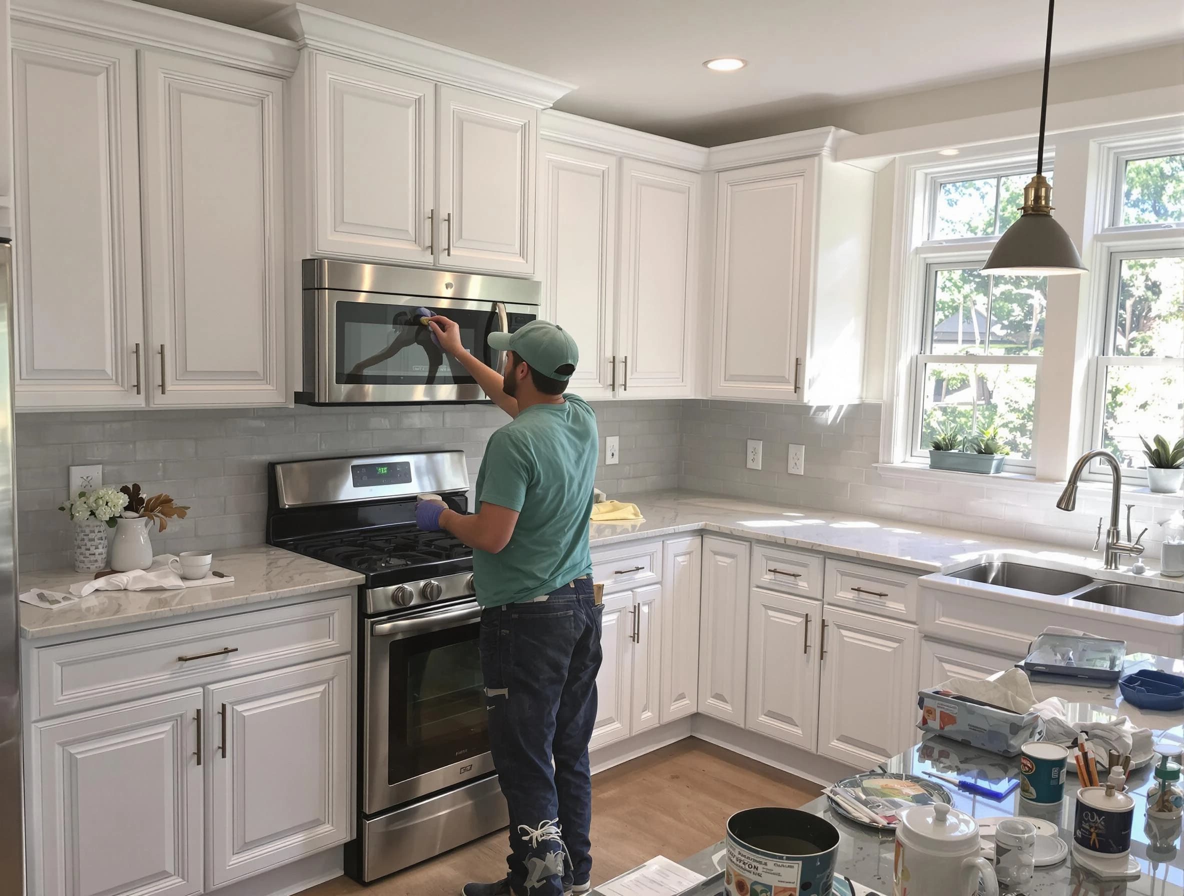 Kitchen cabinets being refinished by Shaker Heights House Painters in Shaker Heights, OH