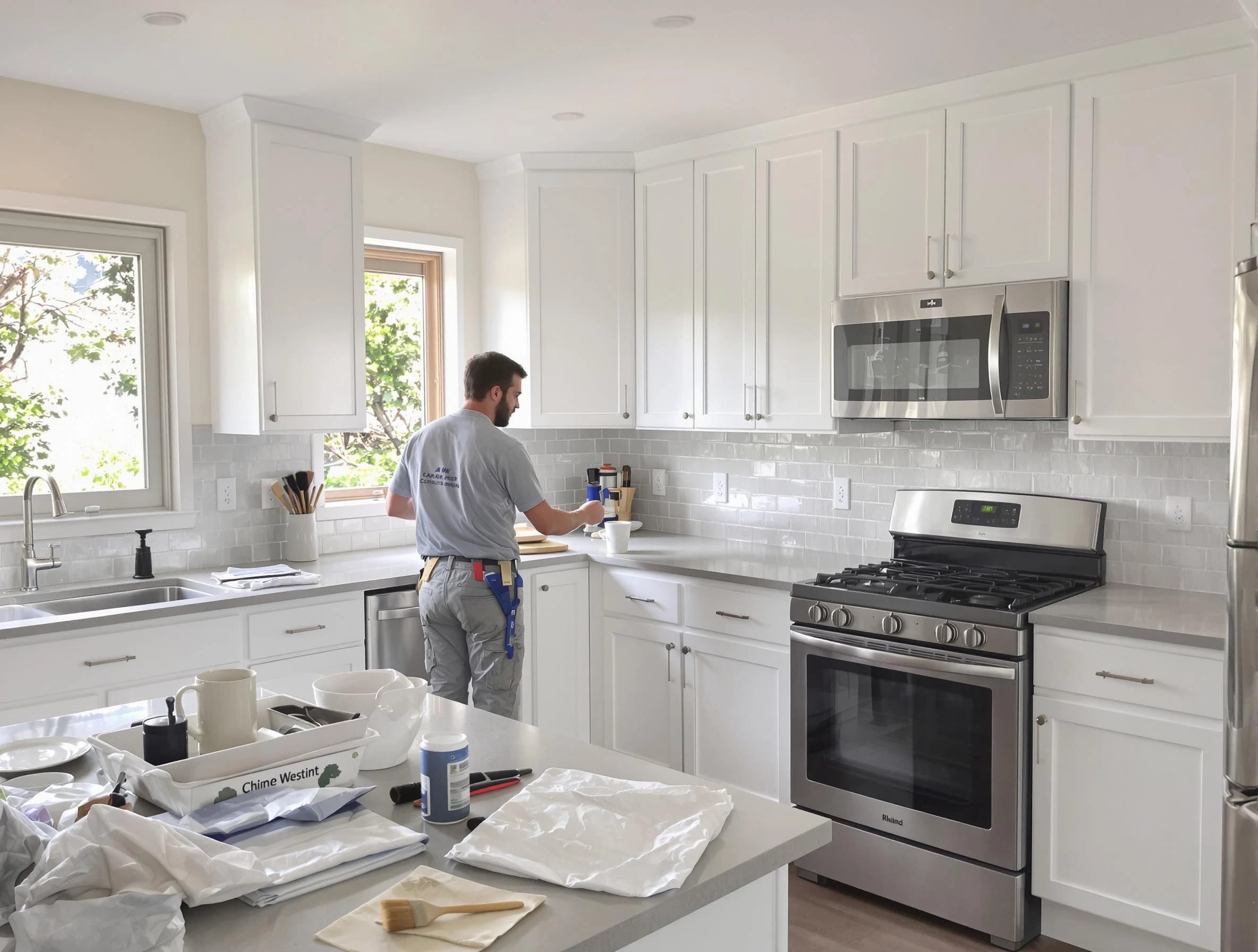 Shaker Heights House Painters applying fresh paint on kitchen cabinets in Shaker Heights