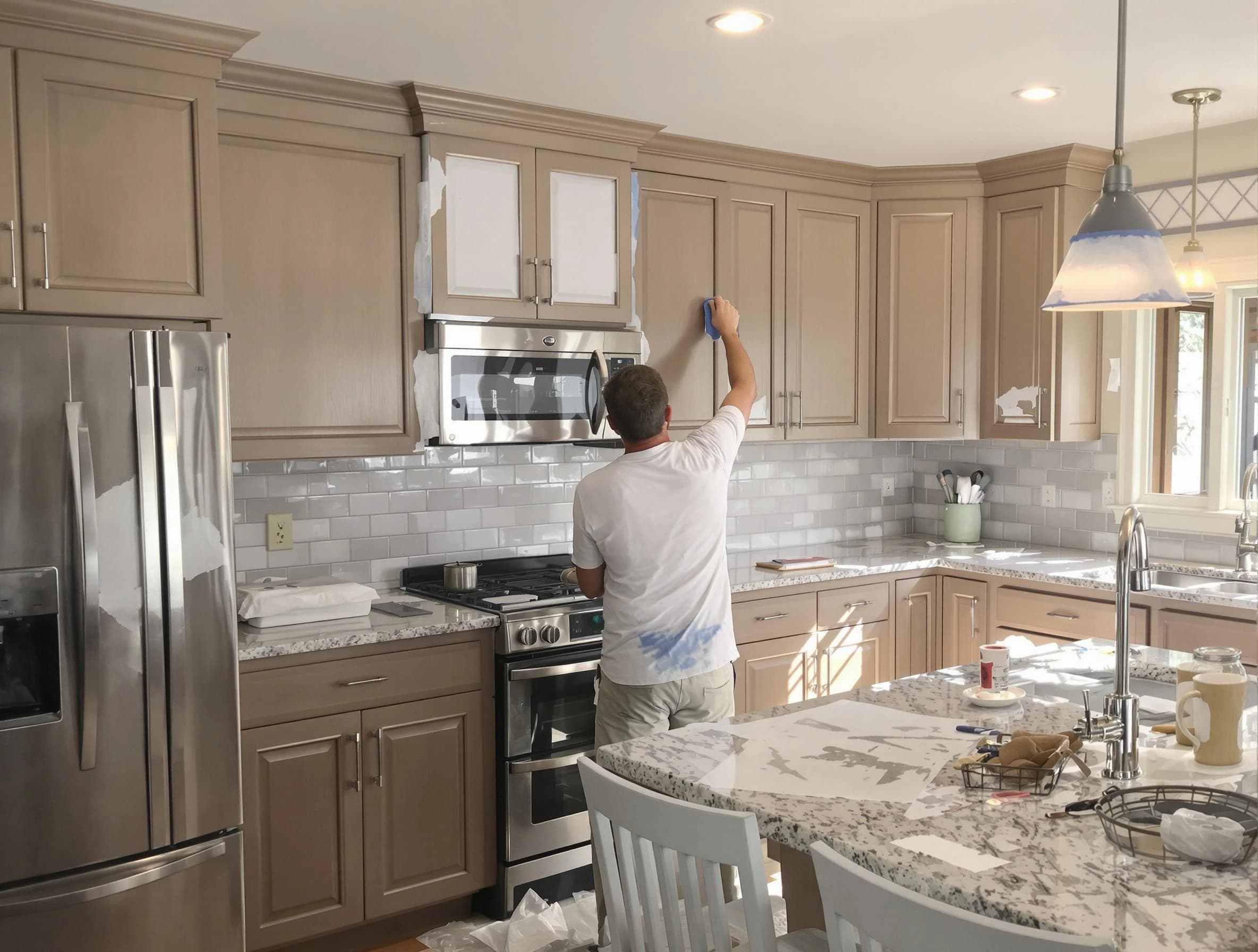 Before-and-after view of kitchen painting by Shaker Heights House Painters in Shaker Heights