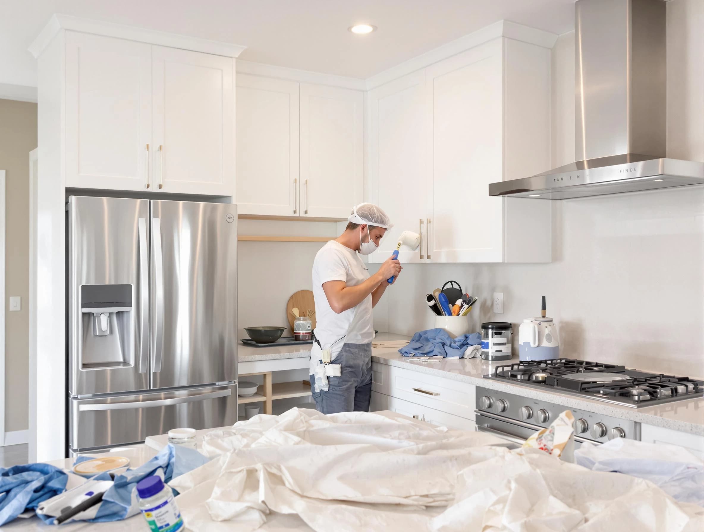 Shaker Heights House Painters painter applying a fresh coat in a kitchen located in Shaker Heights, OH